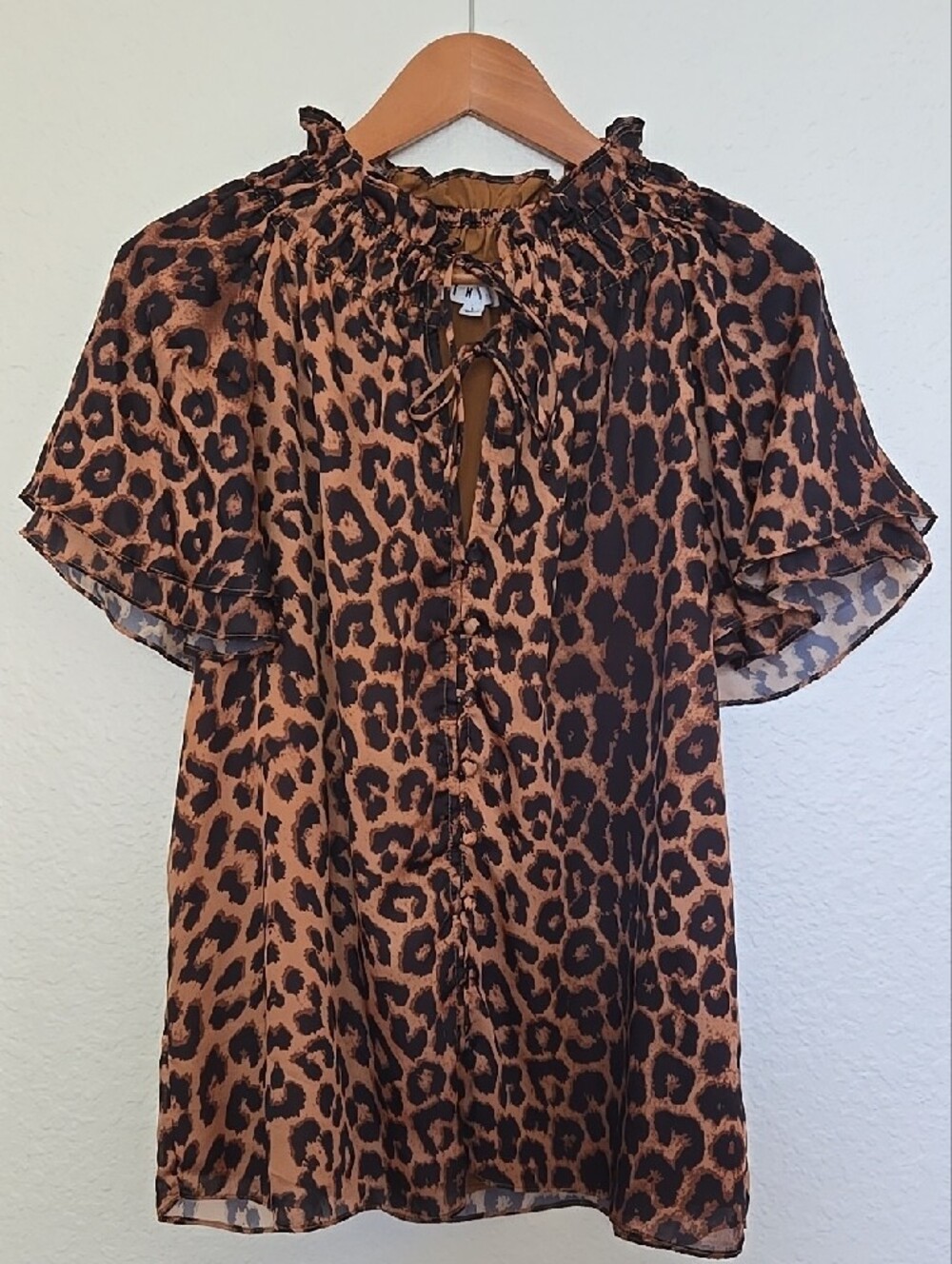 THML Leopard-Print Double Tie-Neck Blouse With Ruffle Sleeves - Picture 2 of 11